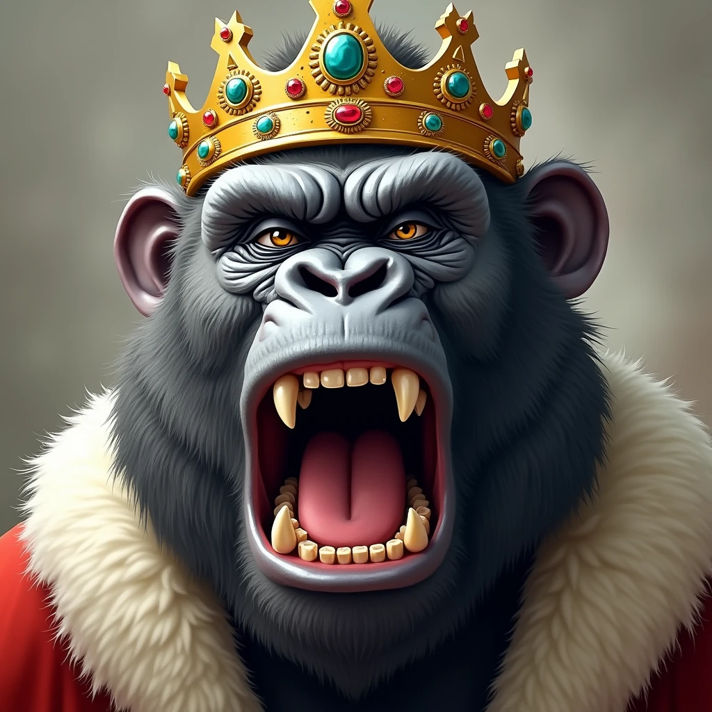 "Draw a lifelike, realistic close-up image of a gorilla's face dressed as a king, with a golden crown adorned with jewels. The gorilla's eyes are half-closed in a disdainful, smug expression, and its mouth is wide open in a loud, mocking laugh, showing its teeth. The background is a soft blur, emphasizing the gorilla's arrogant and joyful facial features."