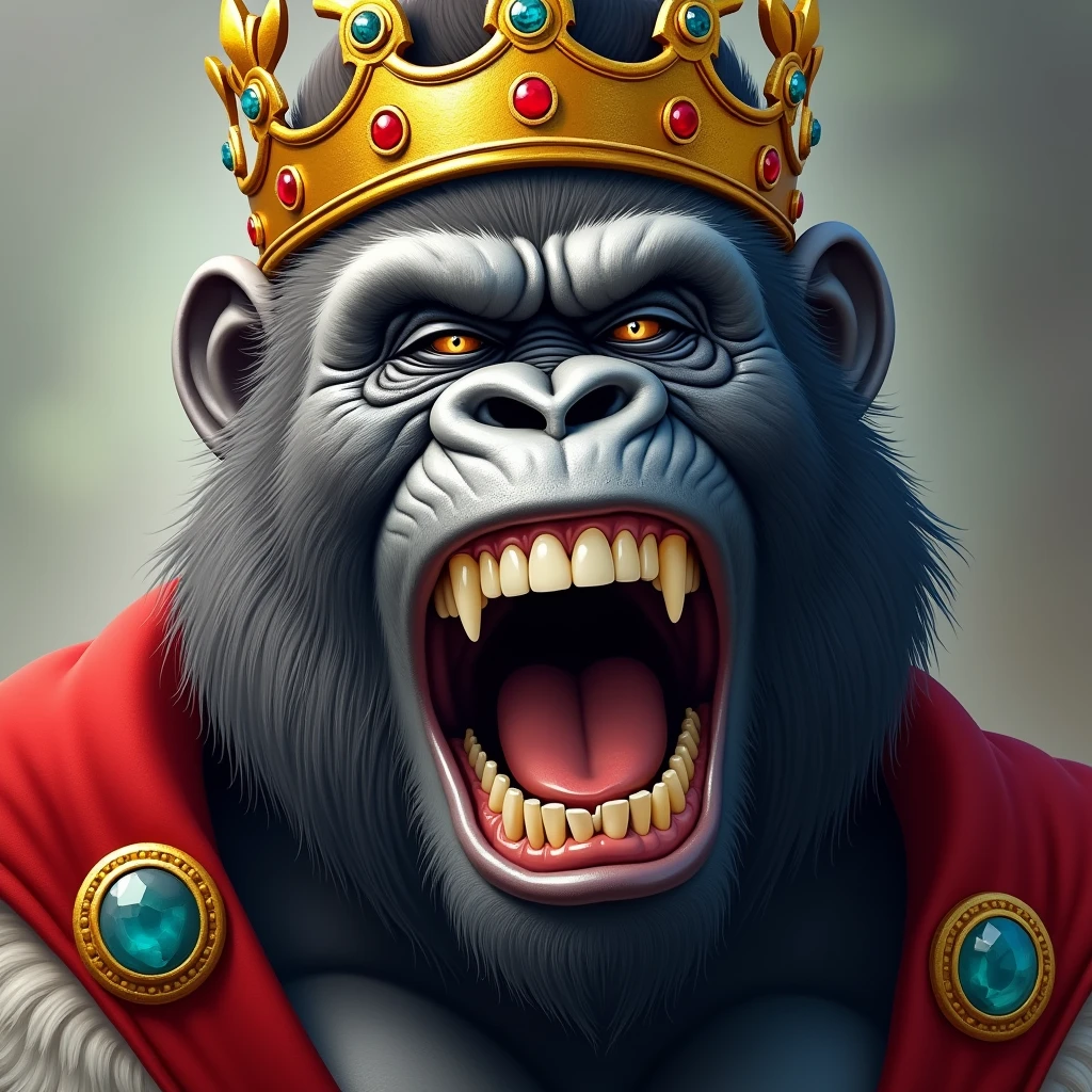 "Draw a lifelike, realistic close-up image of a gorilla's face dressed as a king, with a golden crown adorned with jewels. The gorilla's eyes are half-closed in a disdainful, smug expression, and its mouth is wide open in a loud, mocking laugh, showing its teeth. The background is a soft blur, emphasizing the gorilla's arrogant and joyful facial features."