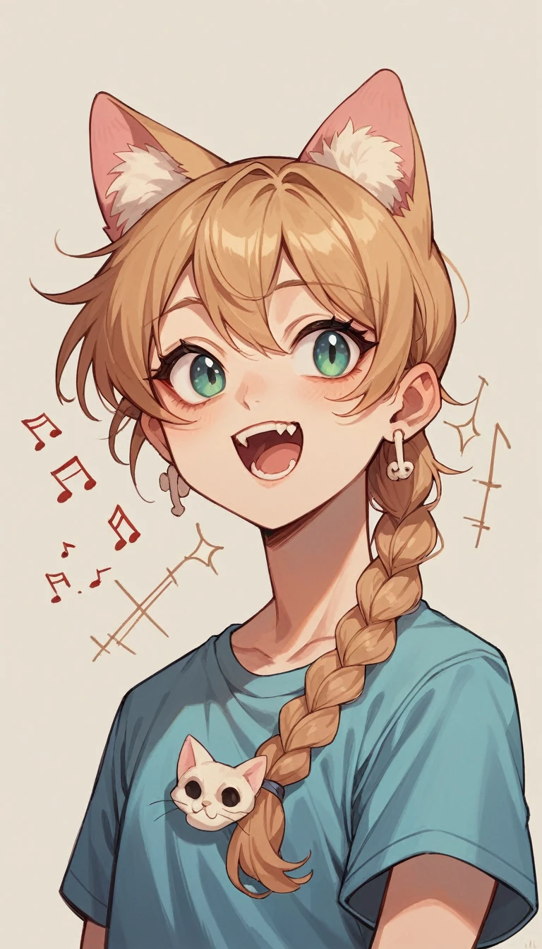 (masterpiece, Highest quality:1.2), 一人のCat earの女の子, alone,Cat ear,Bony body、Age 25,Fishbone Braid Hair、Earrings,Singing Profile
