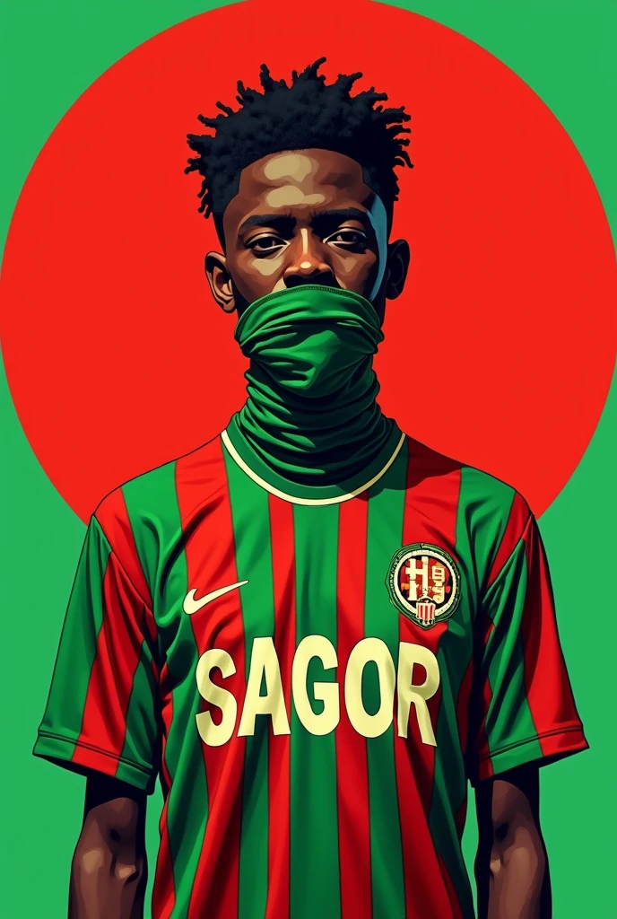 A person wearing a green and red striped jersey with the word \"SAGOR\" on it. The person has a bandana or cloth over their mouth. The background is a red circle with a green border.
