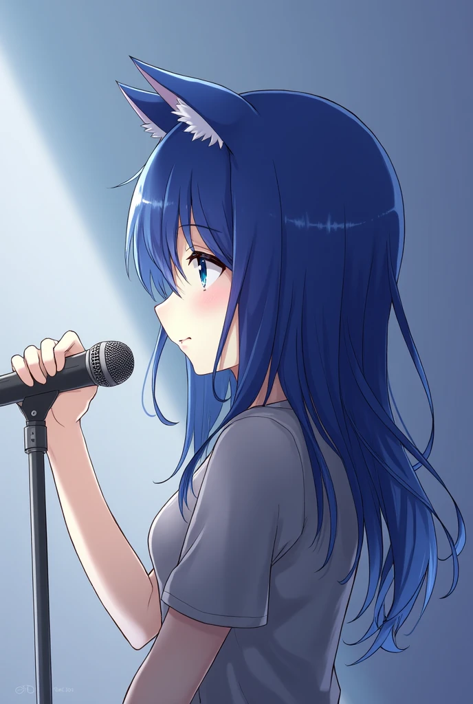 Cat ear girl,Indigo hair color,Profile of a person singing at a microphone stand,