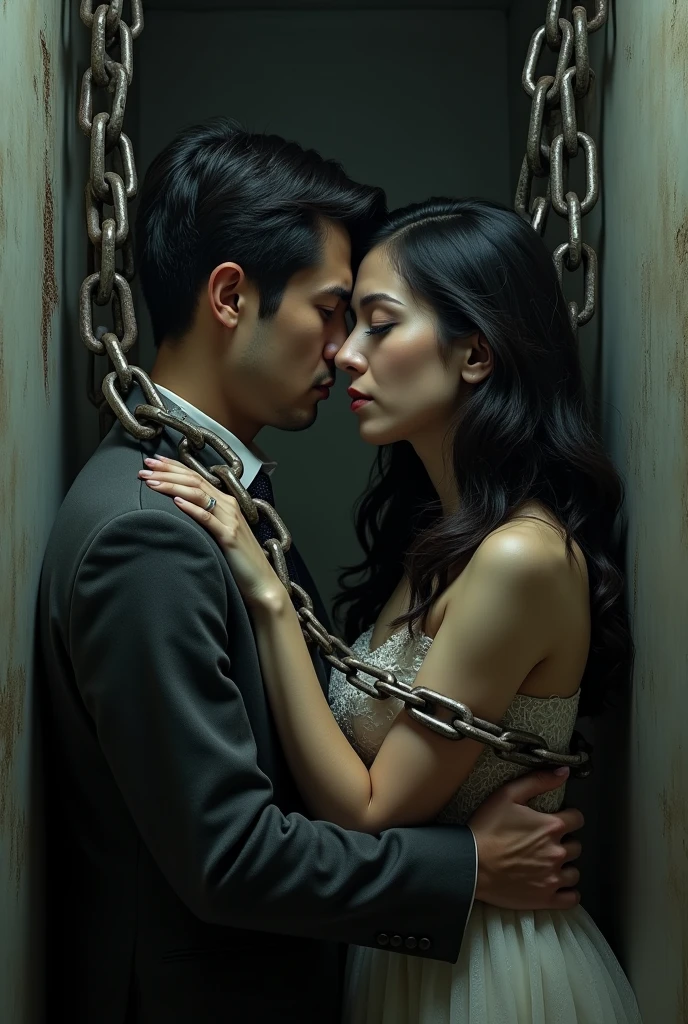 A couple trapped in chains, with sad and distant faces, symbolizing how, without Catharsis, The relationship becomes a "mere sexual agreement" and marriage in one "jail."