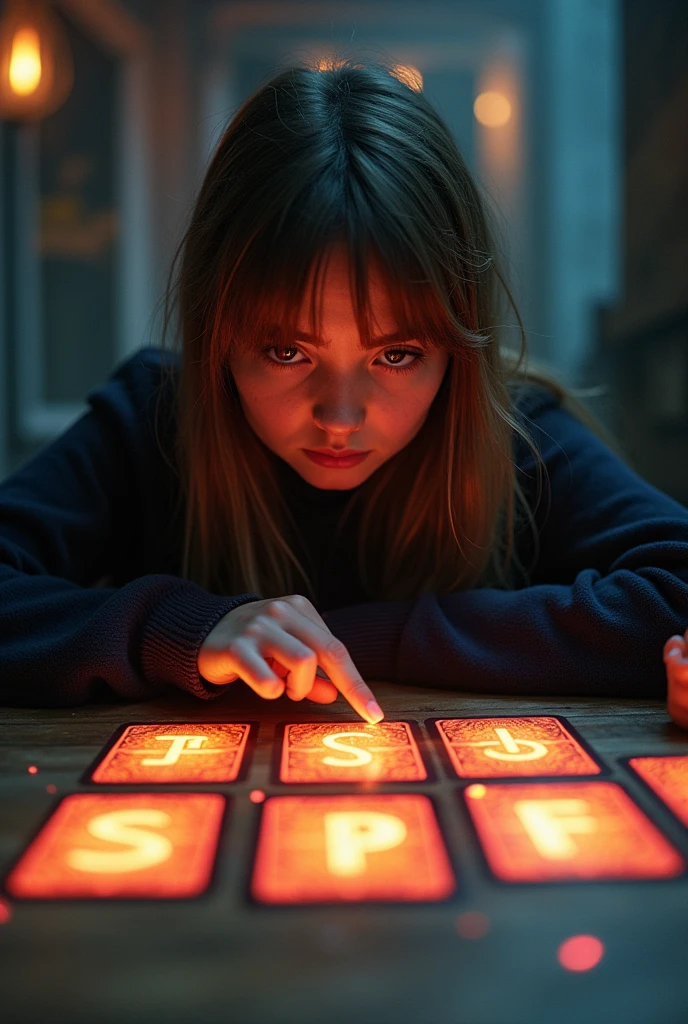 A psychic girl glaring at the ESP cards lined up on the table、