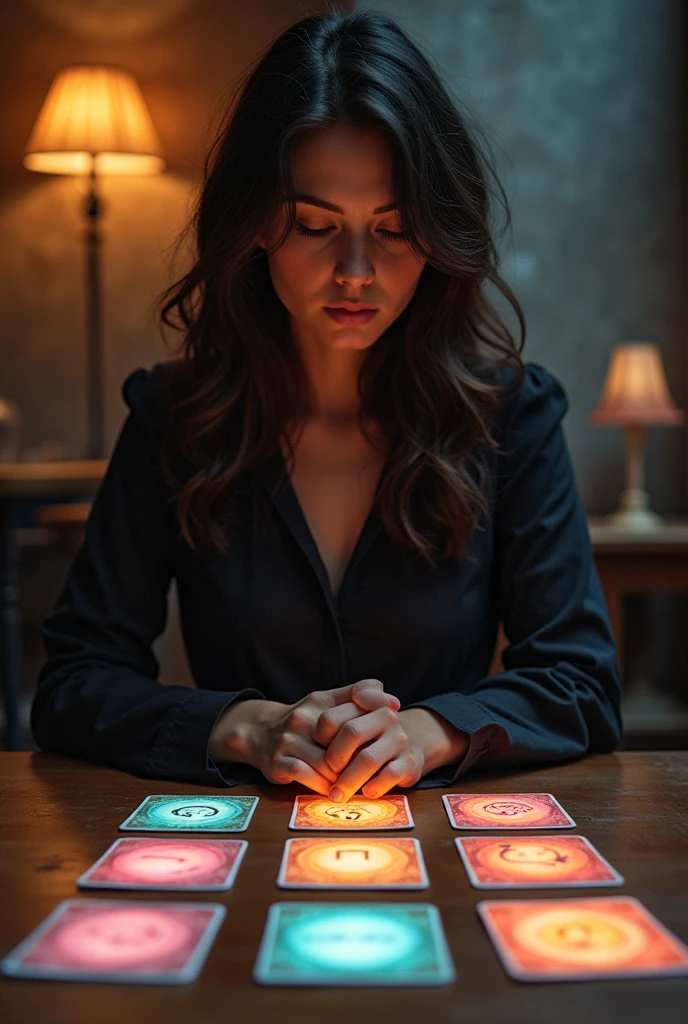 A psychic girl glaring at the ESP cards lined up on the table、