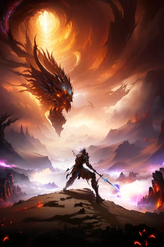 A man holding a sword stands in front of a dragon, Epic fantasy digital art style, Epic fantasy art style hd, Epic fantasy art style, Epic Fantasy Game Art, Epic fantasy style art, 4k fantasy art, There is a huge dragon in the background, Anime epic artwork, Epic fantasy style, epic fantasy artwork, Epic fantasy digital art, fantasy game art style