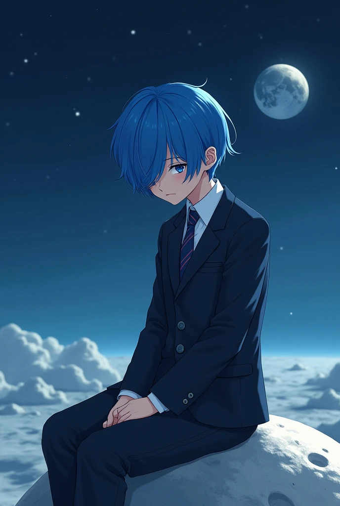 Blue short hair，male，Hair covering right eye，gentle，Get the blues，Half Body，High School Students，Sitting on the moon，School uniform suit