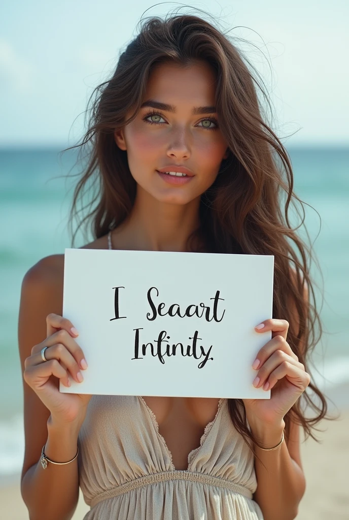 Beautiful girl with wavy long hair, bohemian dress, holding a white board with text "I Love Seaart Infinity" and showing it to the viewer