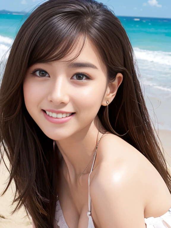 masterpiece, Highest quality, Very detailed, 複雑に詳細なSuper detailed, Realistic, Sharp features, Very detailed, Sharp focus, Perfect Face, Perfect symmetrical eyes, Perfect Plump Lips, Super detailed, hyper Realistic, High resolution, (Random Pause), Fashion Model, thin, Japanese Idols, Sexy Girls, Perfect body, (Micro Bikini:1.2), stylish, Realistic, PhotoRealistic:1.3, Beautiful Face, Light brown hair, Messy Hair, Beautiful hairstyle, (Grin), Beach,