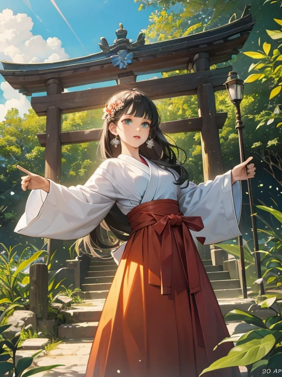 ((Highest quality)), ((masterpiece))、Small breasts are justice、background（Magnificent View）、View from afar、Multiple people、Two women、Two shrine maidens、Dance together、prayer、Uplifting、(Blue and silver long hair、Blue-green eyes)、(Scarlet long hair、Orange eyes)、Miko costume、Hakama、morning haze、shrine、anime