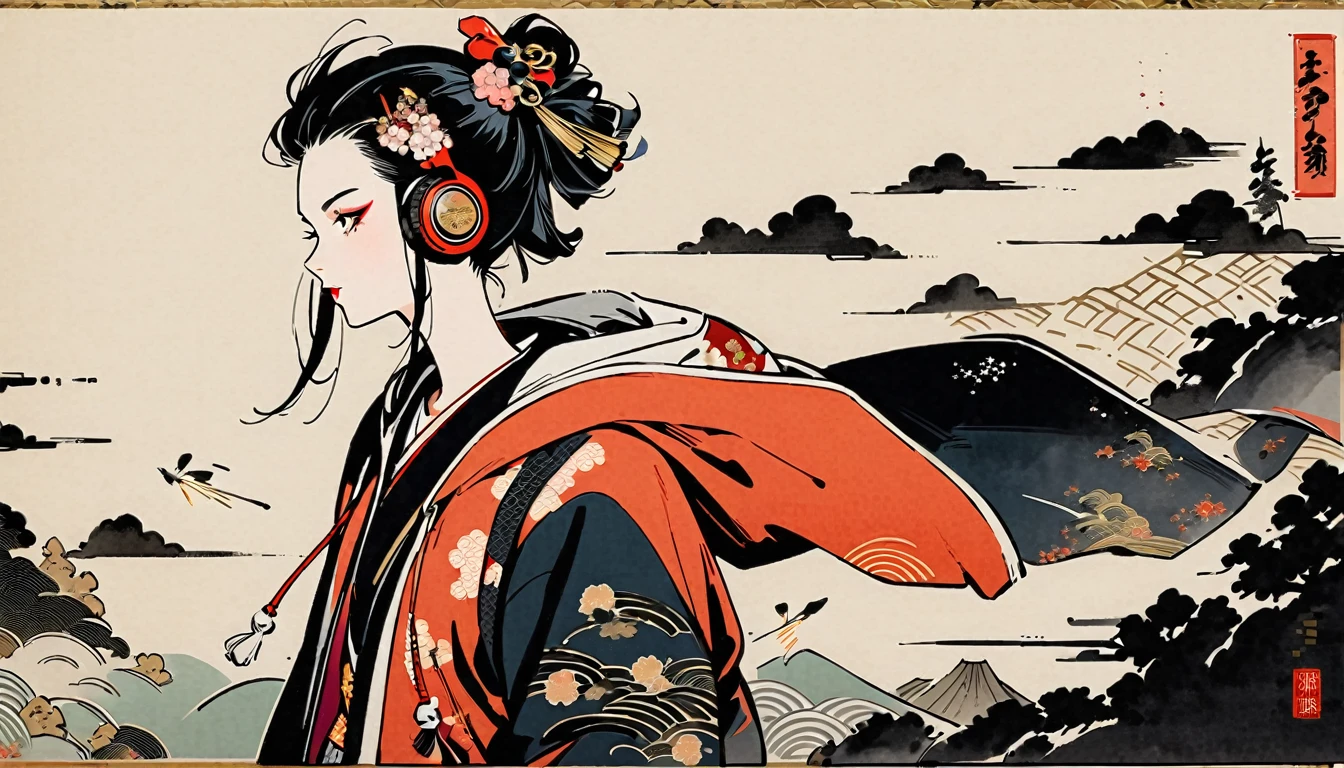 (((Ink Painting))), (((1 girl))), (((whole body))), (((Very flashy hair accessories))), (((Very flashy makeup))), Japanese style headphones, Japanese pattern hoodie, Put on the hood, Put your hands in your pockets, Japan人の美女, Black Hair, Delicate and precise, Modern ukiyo-e style,Japan