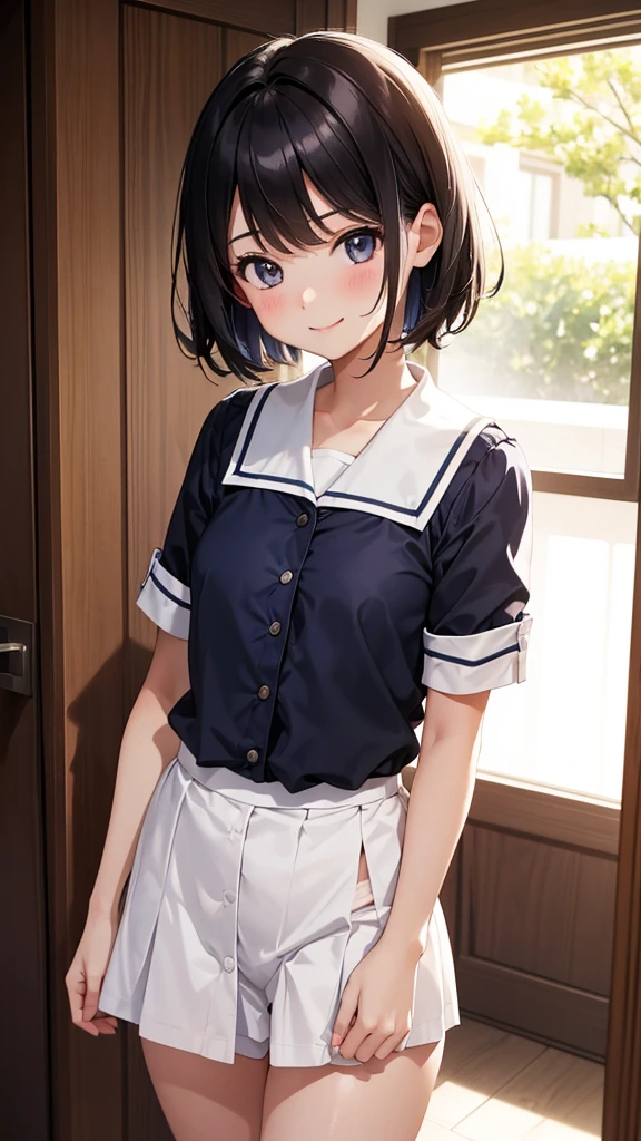 8K quality, とてもかわいい15歳のGirl, Girl、((Summer Uniforms))、Beautiful Hair、short hair, Facial Contour, Natural Color, High resolution、Inside the room、A shy smile、((Sexual))、underwear、tits、Small breasts、I can&#39;t see the nipples