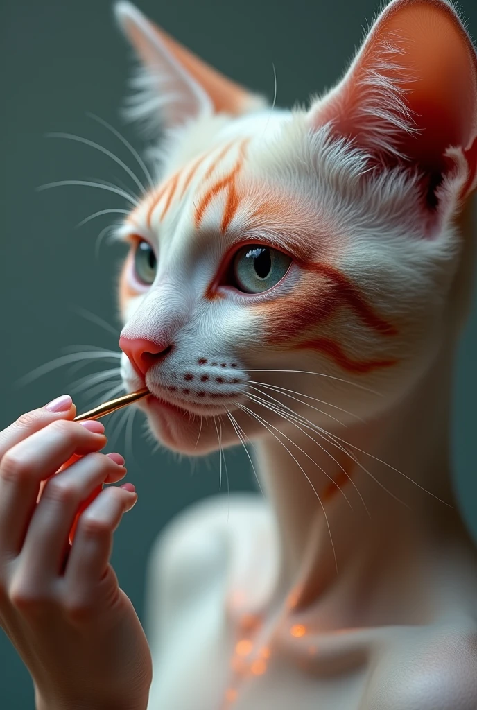  Cat is showing  her makeup on her face 