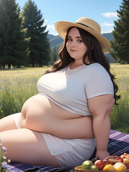 A very fat white woman with long wavy hair, face is perfect and beautiful, has huge body curves, sitting on a picnic blanket in a meadow 