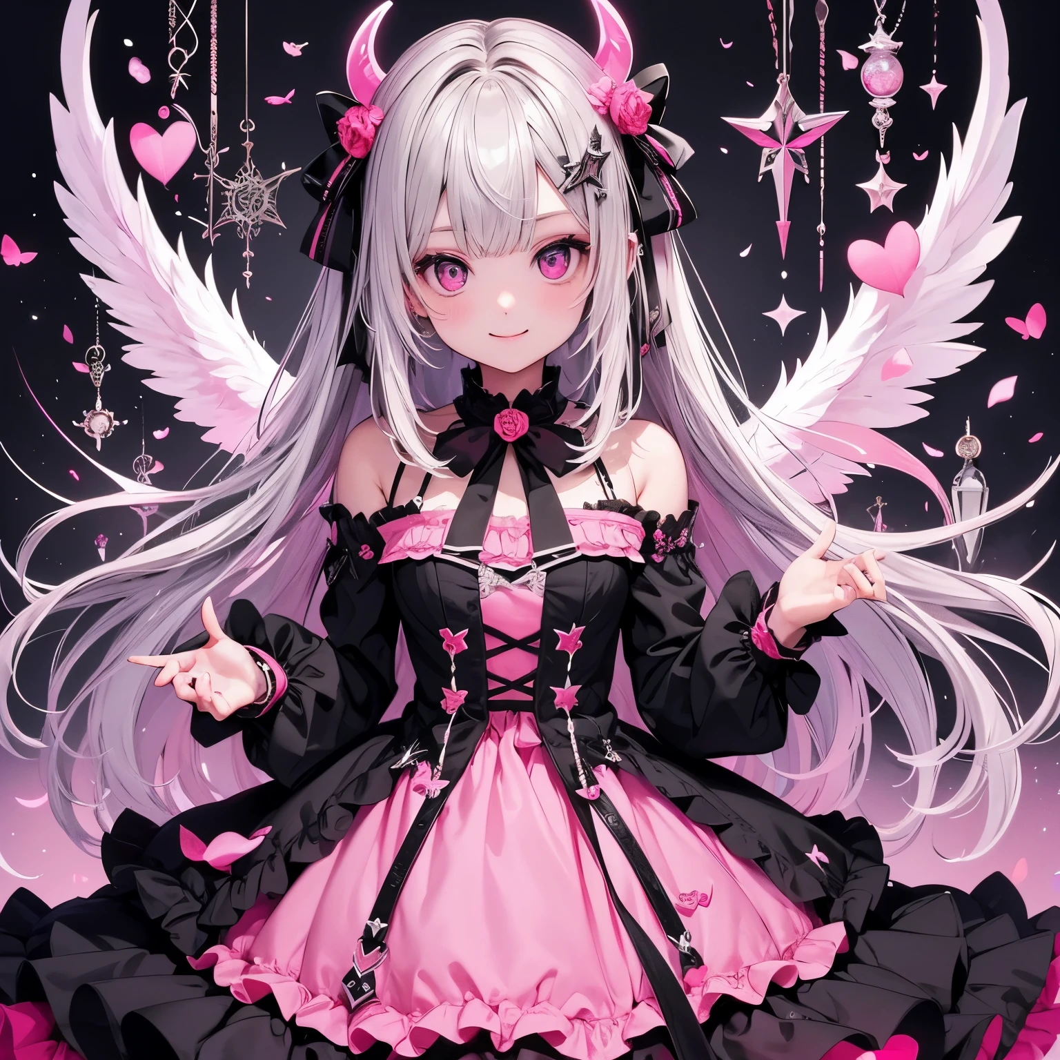 (masterpiece), Highest quality, Ultra-high resolution,Devil with a black ribbon、Silver Hair、Pink eyes、Pink clothes、(Angel:1.mile