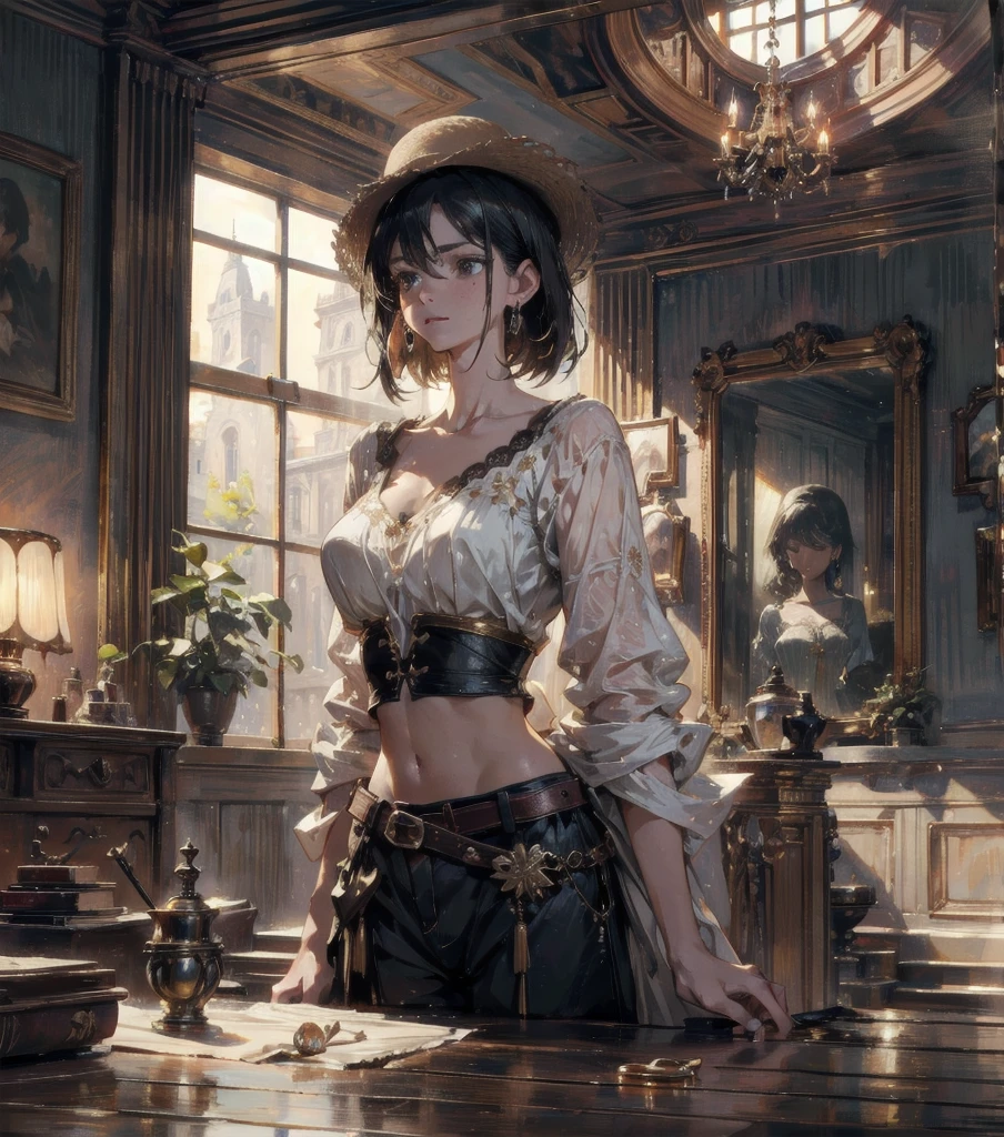 absurdres, RAW photo, extremely delicate and beautiful, masterpiece, Best Quality, ultra high resolution, 32k, hyper realistic, ultra-detailed, Very detailed CG 8k wallpaper, detailed background, landscape, Beautiful Lighting, Perfect Lightning, Realistic Shadows, perfect anatomy, anatomically correct, ideal ratio body proportions, perfect figure, Perfect Style, Perfect balance, super Detailed skin, in her 30s, very Slim body, narrow waist, very small head, very small face, delicate facial features, handsome detailed woman, very detailed eyes and face, realistic face proportions, Realistic beautiful face, Realistic beautiful eyes, tearful mole, earring, whole body shot, very huge round tits, medium short hair, asymmetrical hair, wavy hair, indoor, blouse, bare collarbone, midriff, shorts, straw hat,
