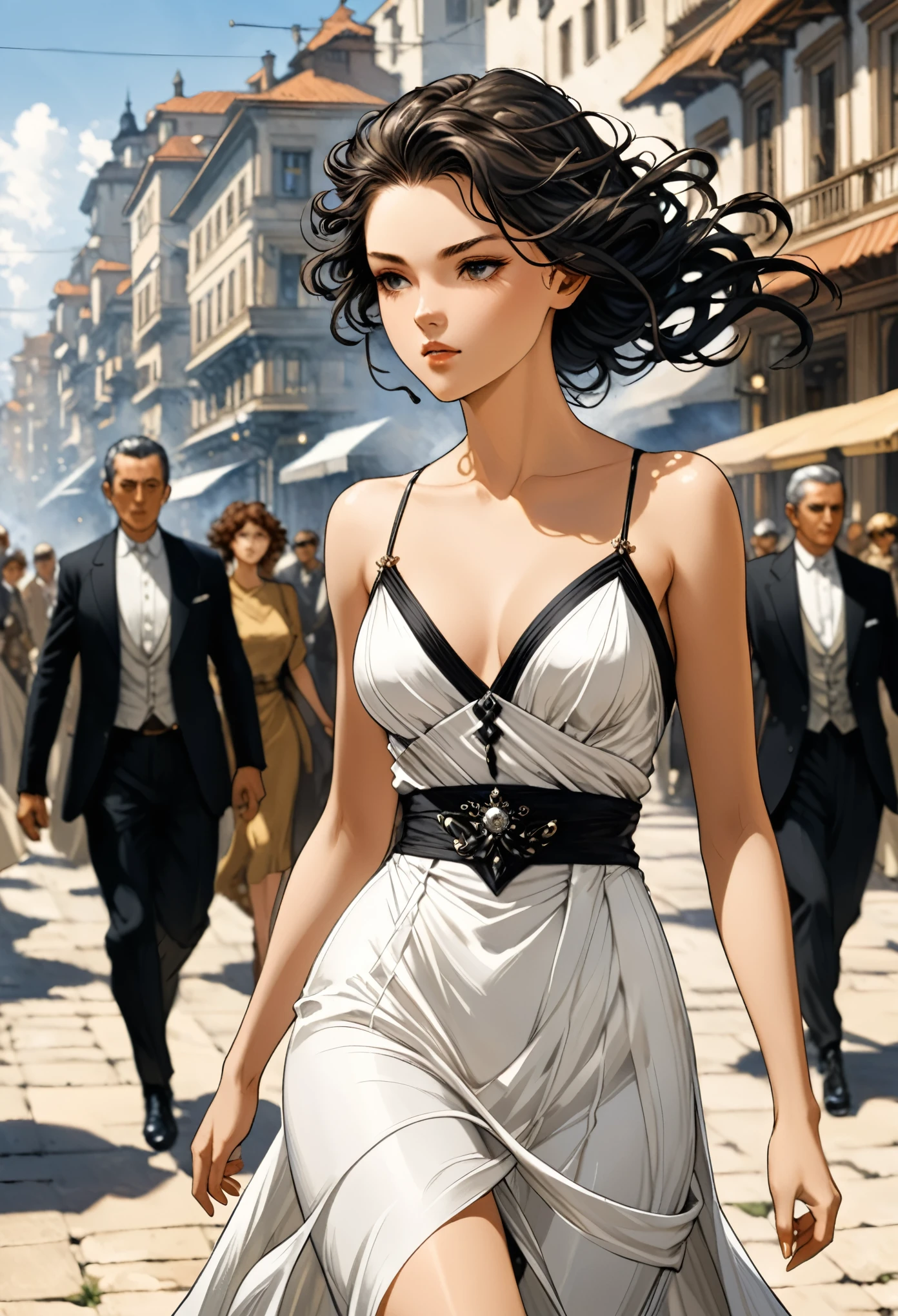 Carlos Schwabe 1 Girls Style,Character concept design,elegant,Gorgeous,White Black,extreme details,{Blurred foreground, Depth of Field, Background blur, motion blur:0.5},pedestrian mall,Act in a hurry