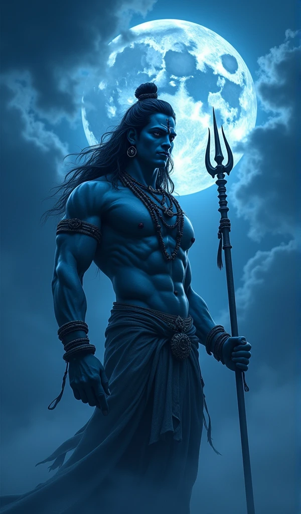 a powerful muscular lord shiva, blue tinted night sky with cloudy moon, lord shiva holding trishul, closeup shot, extremely detailed skin and well detailed eyes (best quality,4k,8k,highres,masterpiece:1.2),ultra-detailed,(realistic,photorealistic,photo-realistic:1.37),dramatic lighting,cinematic composition,intricate details,vibrant colors,mystical atmosphere, 