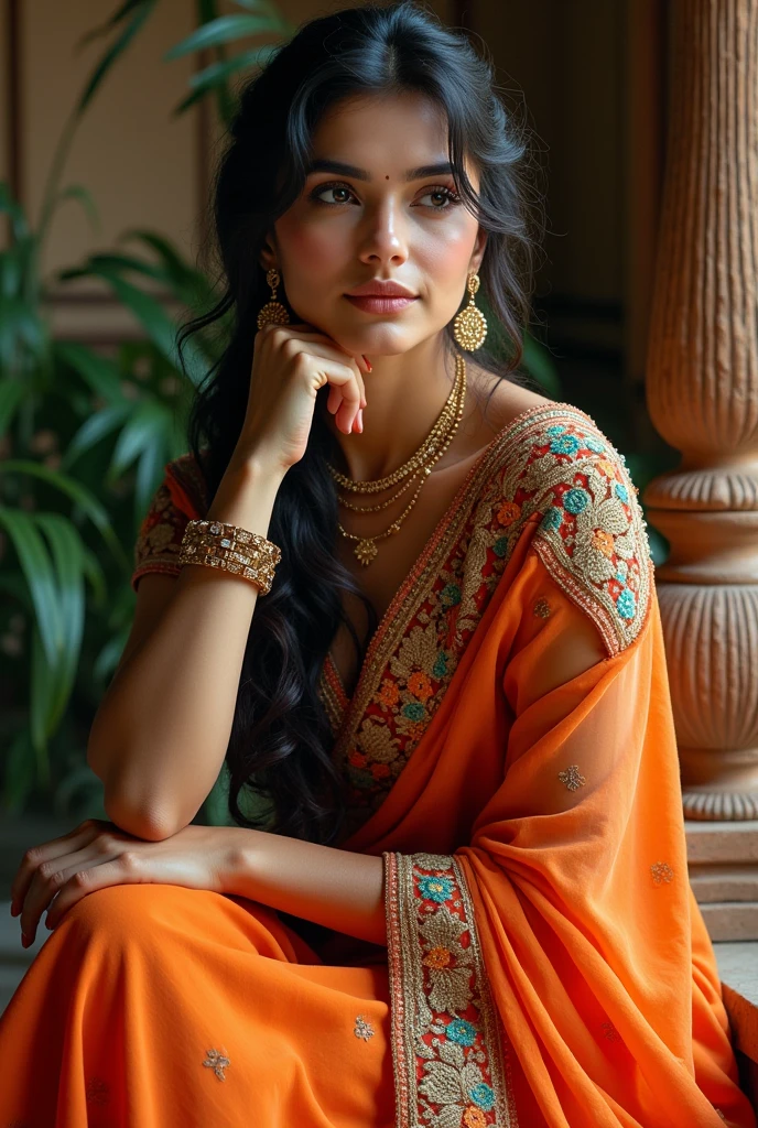 An indian actress full body picture sitting
