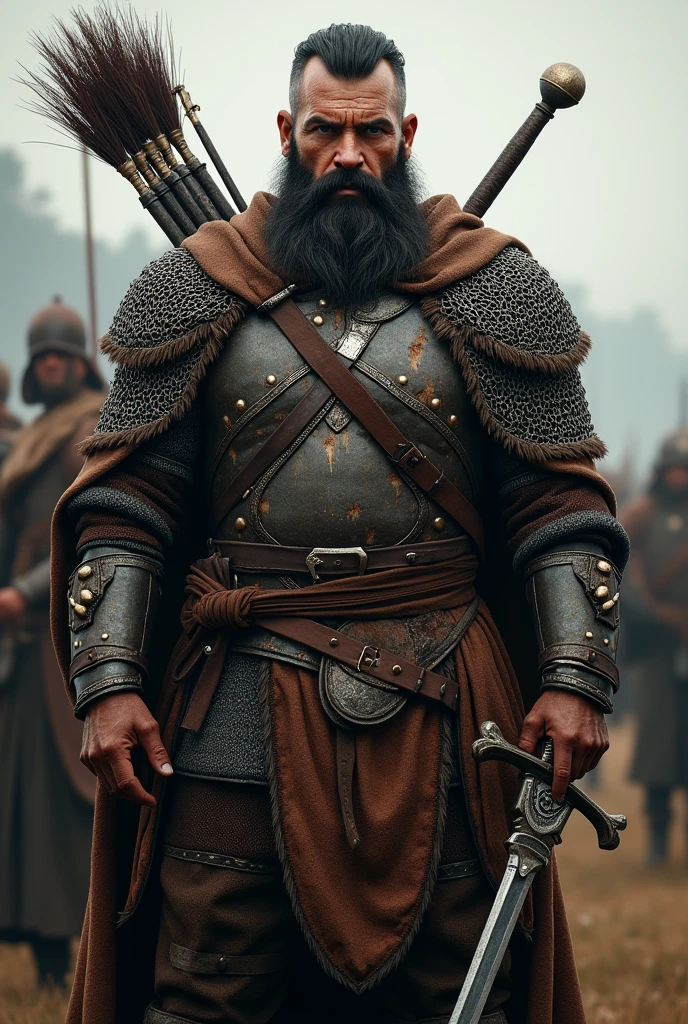 31 old man with a beard, some face wrinkles, Brown hairy and eyes, food muscle definizione, around 1,76 cm of height wearing a scale mail two shortswords and a large now with a quiver