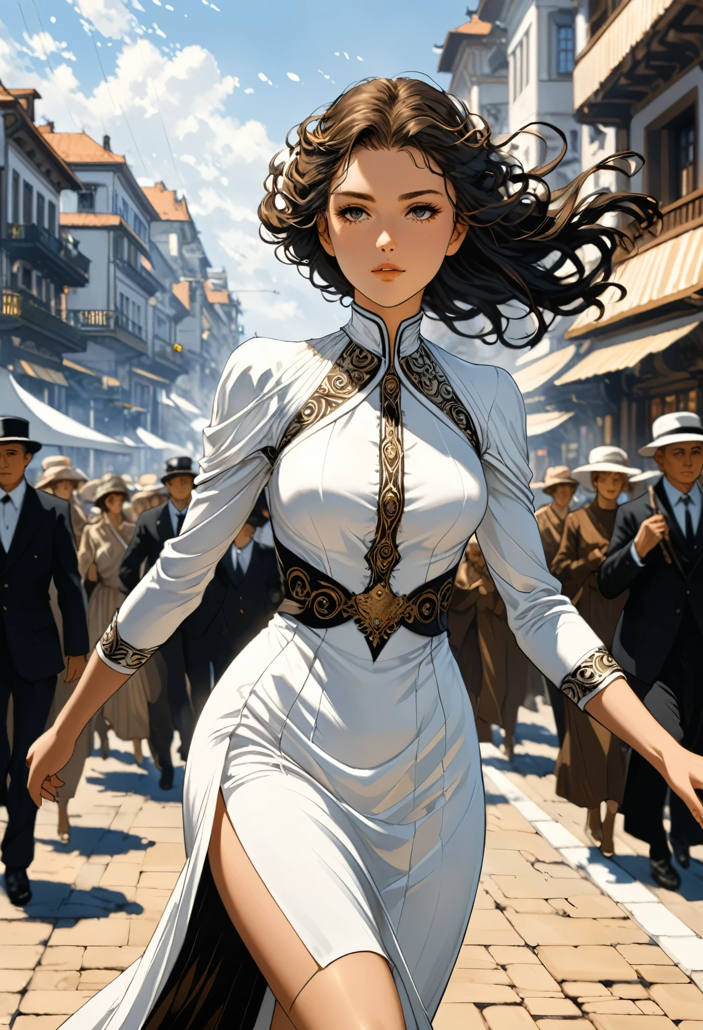 Carlos Schwabe 1 Girls Style,Character concept design,elegant,Gorgeous,White Black,extreme details,{Blurred foreground, Depth of Field, Background blur, motion blur:0.5},pedestrian mall,Act in a hurry