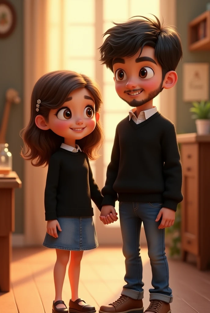 A couple holding hands, The slightly chubby girl with white skin,with wavy brown hair, with light brown eyes, with a jean skirt and a black sweater and the boy with short, wavy, black hair, with beard, slightly dark skinned, in a black sweater and jeans, Disney Pixar version