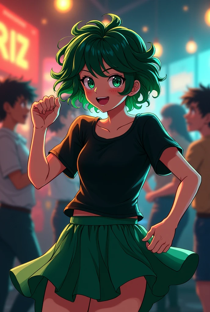 My hero academia Girl with short curly green hair,He has emerald green eyes, has freckles on his face, clear skin , She is wearing a black shirt with a short green skirt and is dancing in a night bar