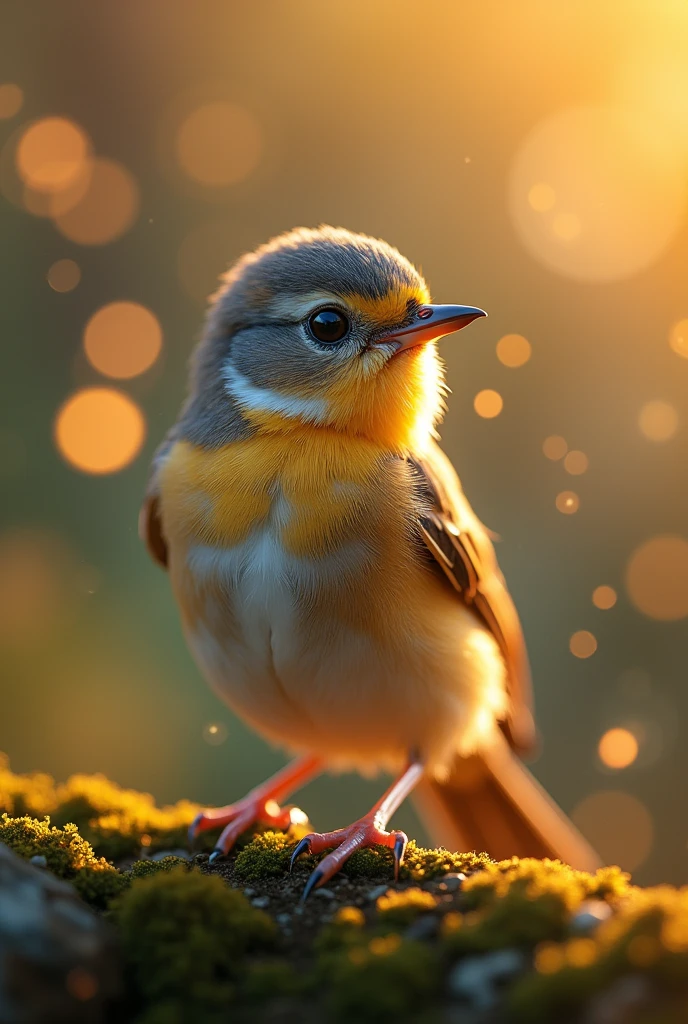 A mesmerizing close-up portrait of a gorgeous little bird illuminated by the soft, golden light of a tranquil morning, with vibrant bokeh balls gently framing its delicate form. 