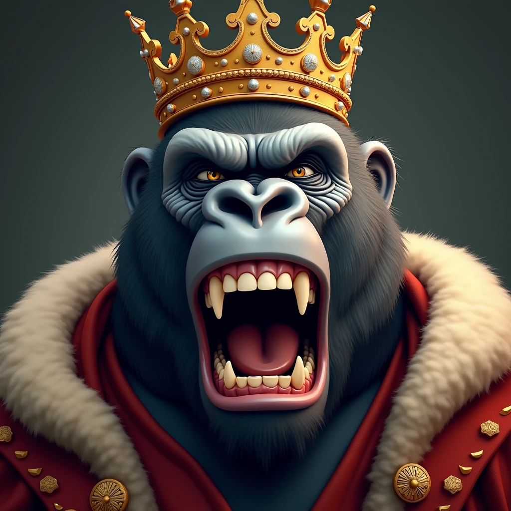 "Illustrate a hyper-realistic close-up image of a gorilla's face in kingly attire, with a crown and a richly adorned robe. The gorilla's eyes are narrowed in a dismissive, scornful gaze, and its mouth is open wide, showing its teeth in a hearty, mocking laugh. The background is softly blurred to focus on the gorilla's regal and arrogant facial features."