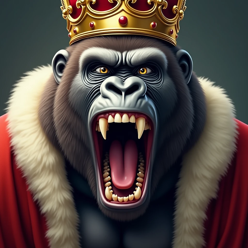 "Illustrate a hyper-realistic close-up image of a gorilla's face in kingly attire, with a crown and a richly adorned robe. The gorilla's eyes are narrowed in a dismissive, scornful gaze, and its mouth is open wide, showing its teeth in a hearty, mocking laugh. The background is softly blurred to focus on the gorilla's regal and arrogant facial features."