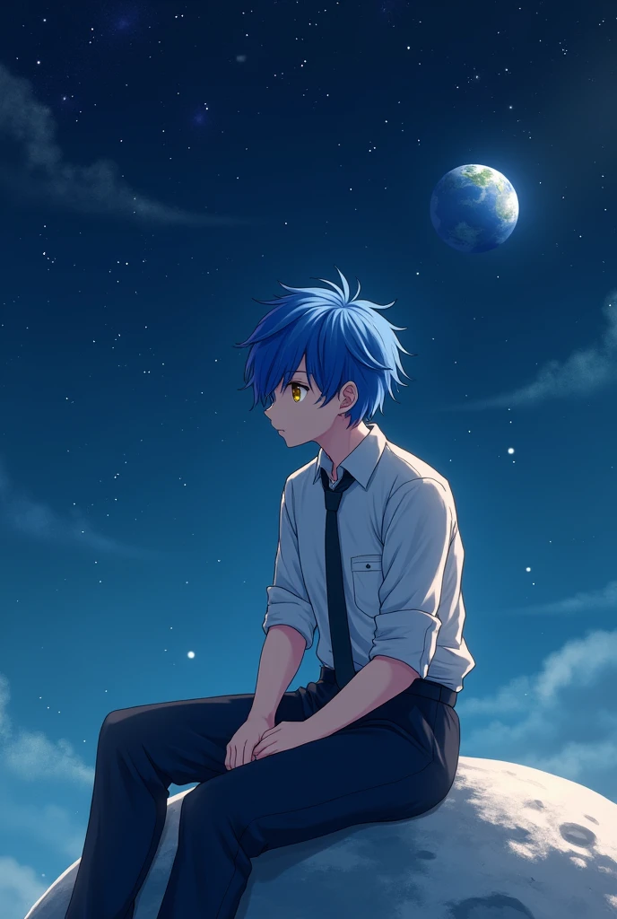 Blue short hair,male,Hair covering right eye,gentle,Get the blues,Half Body,High School Students,Sitting on the moon,School uniform suit