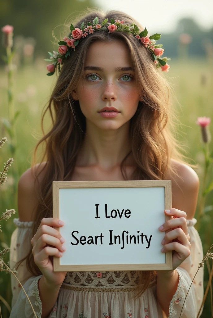 Beautiful girl with wavy long hair, bohemian dress, holding a white board with text "I Love Seaart Infinity" and showing it to the viewer