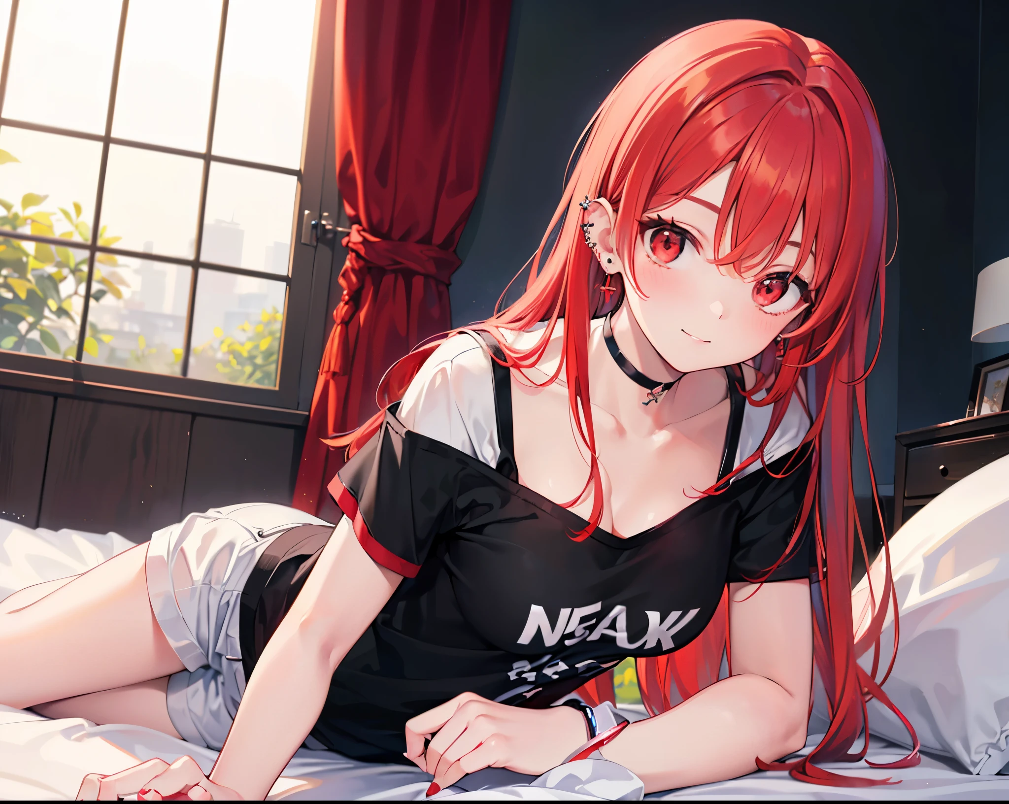Realistic,Highest quality, Ultra Detail, High-quality CG rendering, The most delicate and beautiful, Floating softly, High resolution, (1 girl), (Highest quality,4K,8k,masterpiece:1.2),(Bright Red Hair:1.5), (semi-long:1.5),(Red eyes:1.5),(Slightly larger breasts:1.2),(Black oversized short sleeve t-shirt:1.5),(Piercing in left ear:1.3),Inside the room,smile,bed,(bedに座っている:1.3),(Pitch black choker:1.5)