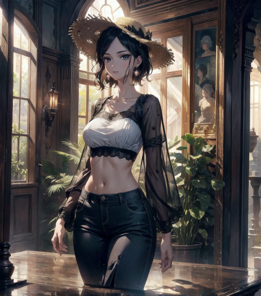 absurdres, RAW photo, extremely delicate and beautiful, masterpiece, Best Quality, ultra high resolution, 32k, hyper realistic, ultra-detailed, Very detailed CG 8k wallpaper, detailed background, landscape, Beautiful Lighting, Perfect Lightning, Realistic Shadows, perfect anatomy, anatomically correct, ideal ratio body proportions, perfect figure, Perfect Style, Perfect balance, super Detailed skin, in her 30s, very Slim body, narrow waist, very small head, very small face, delicate facial features, handsome detailed woman, very detailed eyes and face, realistic face proportions, Realistic beautiful face, Realistic beautiful eyes, tearful mole, earring, whole body shot, very huge round tits, medium short hair, asymmetrical hair, wavy hair, indoor, blouse, bare collarbone, midriff, shorts, straw hat,