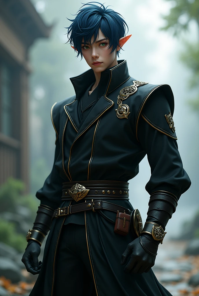 Jin woo solo levelimg as semi elf 1.99m Green eyes, very dark blue hair, 25 years old and 82 Kg, in good shape Black clothes