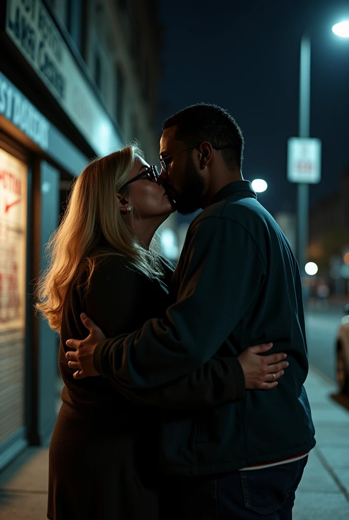 A 65 year old woman, blonde with long hair and obese body, wearing glasses being kissed by a young black man on a dark street at night in front of a closed store