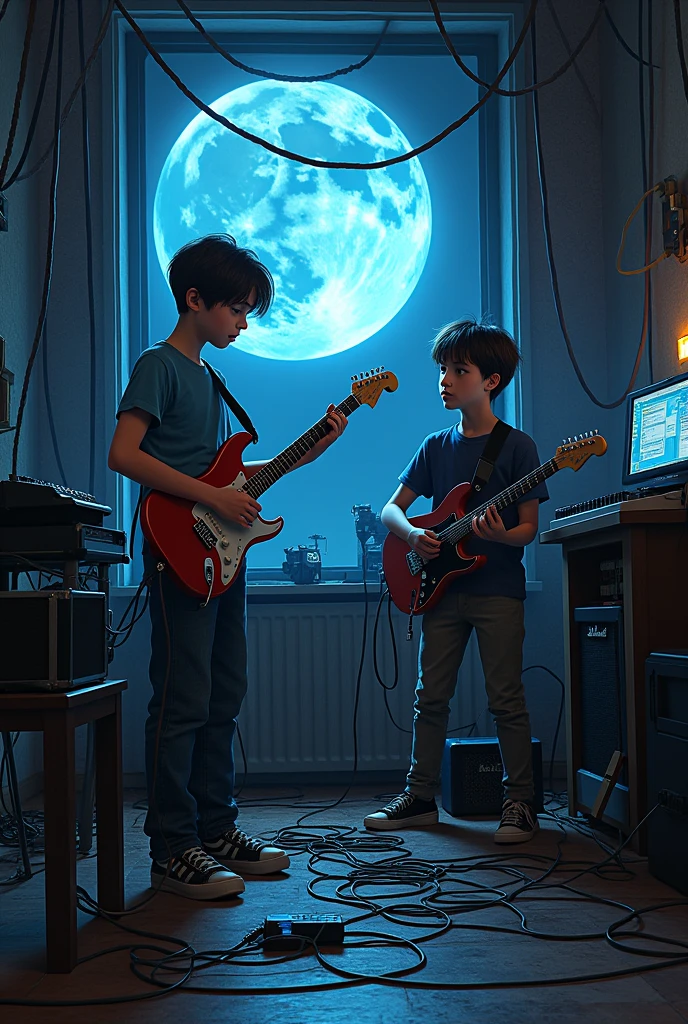 boys playing guitar and synthesizers with cables spread out in a room with the moon inside 