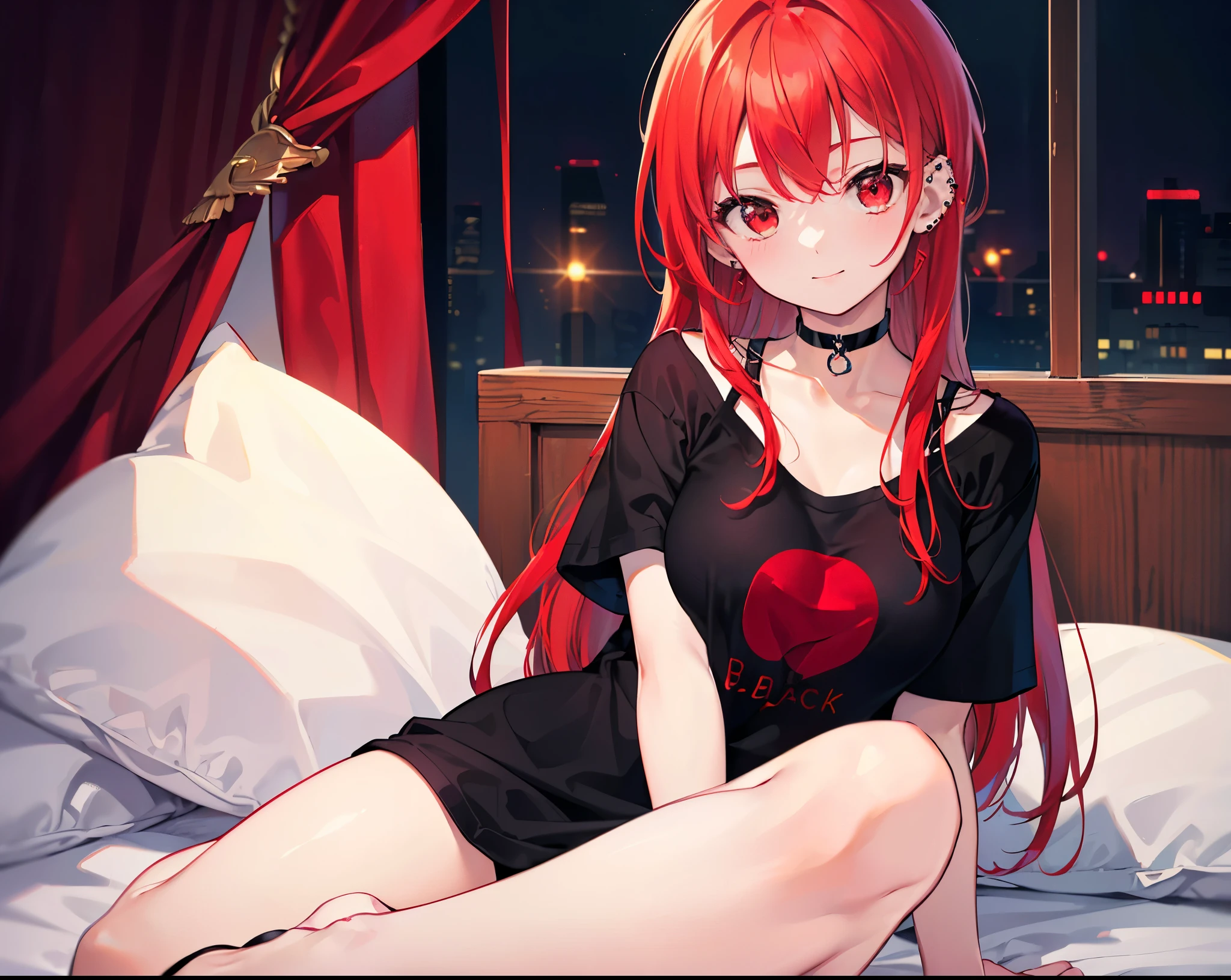 Realistic,Highest quality, Ultra Detail, High-quality CG rendering, The most delicate and beautiful, Floating softly, High resolution, (1 girl), (Highest quality,4K,8k,masterpiece:1.2),(Bright Red Hair:1.5), (semi-long:1.5),(Red eyes:1.5),(Slightly larger breasts:1.2),(Black oversized short sleeve t-shirt:1.5),(Piercing in left ear:1.3),Inside the room,smile,bed,(bedに座っている:1.3),(Pitch black choker:1.5)