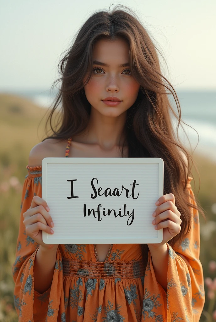 Beautiful girl with wavy long hair, bohemian dress, holding a white board with text "I Love Seaart Infinity" and showing it to the viewer