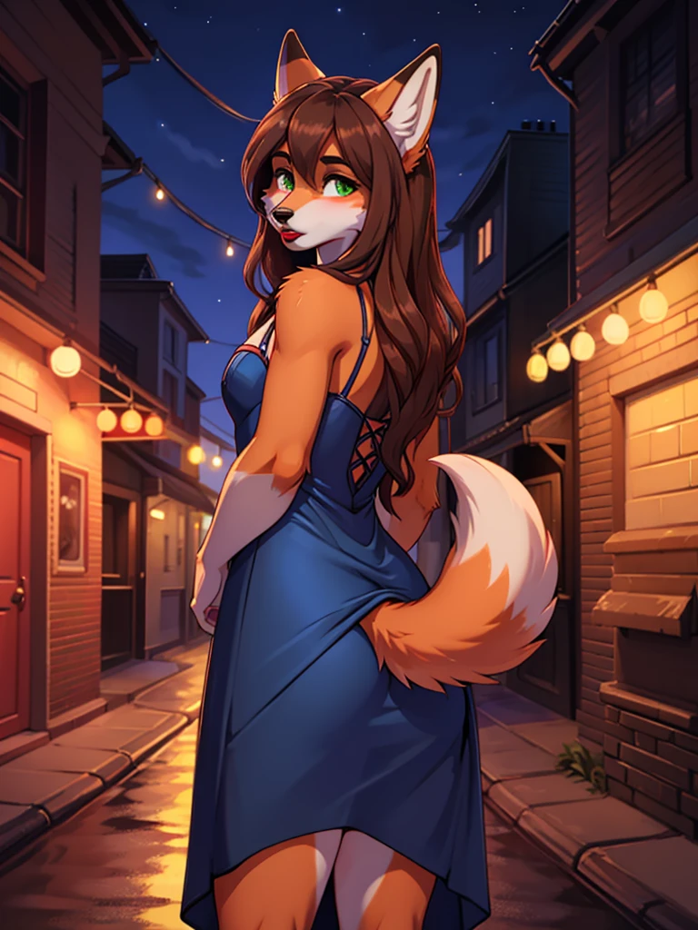 Best quality, furry male fox with green eyes, with brown long hair, with black spout, with red lipstick on lips, big lips, in a blue dress, crossdressing, shy, turning my back, shows off her sweaty buttocks, sexy pose, portrait, Against the background of the night street