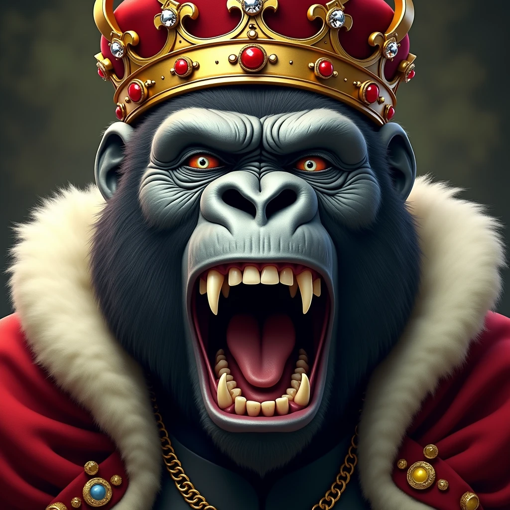 "A detailed and realistic close-up illustration of a gorilla's face dressed as a king, with a jewel-studded crown and a royal cloak. The gorilla's eyes are squinted in a superior, mocking look, and its mouth is wide open in a derisive laugh, revealing its teeth. The background is blurred to emphasize the gorilla's condescending and joyful expression."