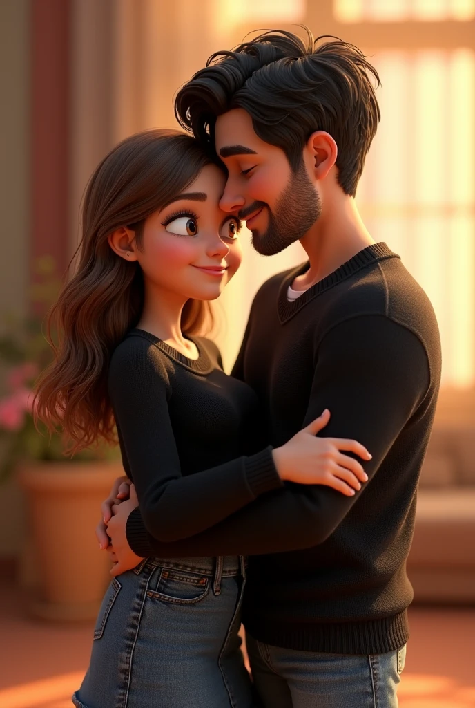 A couple holding hands, The slightly chubby girl with white skin,with wavy brown hair, with light brown eyes, with a jean skirt and a black sweater and the boy with short, wavy, black hair, with beard, slightly dark skinned, in a black sweater and jeans, Disney Pixar version