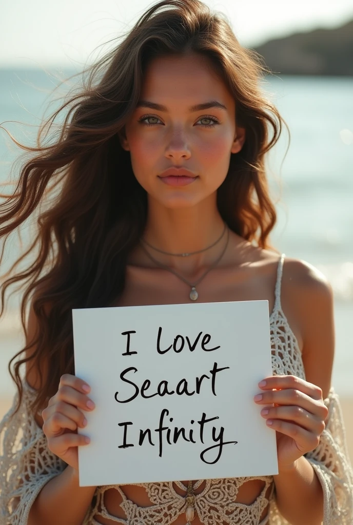 Beautiful girl with wavy long hair, bohemian dress, holding a white board with text "I Love Seaart Infinity" and showing it to the viewer