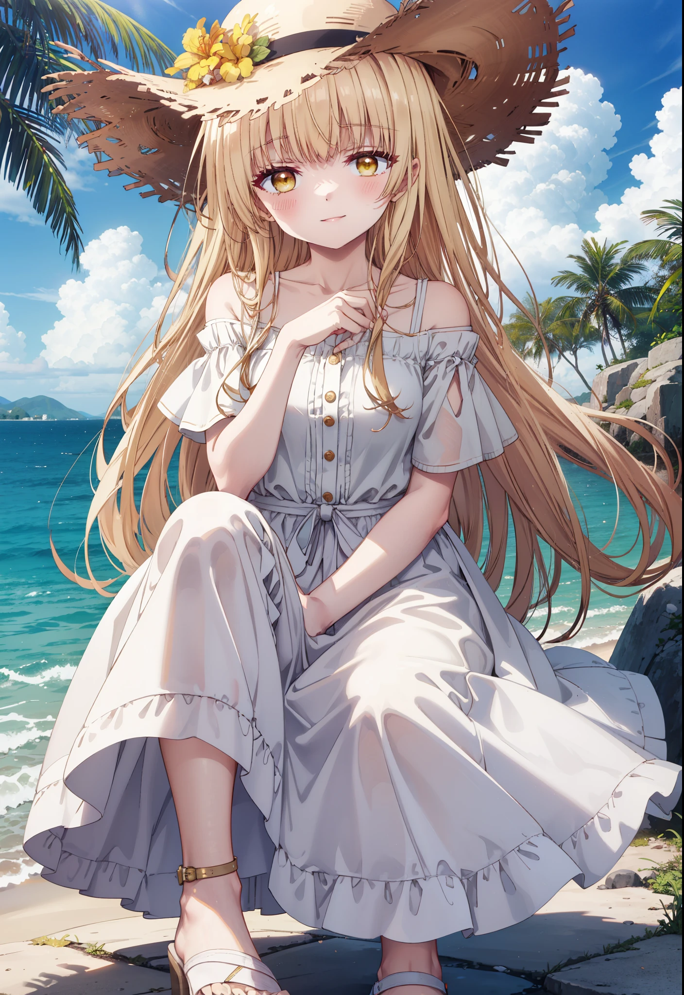 mahirushiina, mahiru shiina, Long Hair, bangs, Blonde, Brown Hair, (Yellow Eyes:1.3),happy smile, smile, Open your mouth,blush, Straw hat,smile,Cold Shoulder Shirt,Short sleeve,Long skirt,Cute heeled sandals,True Summer,Clear skies,Daytime,Palm tree,Hair is fluttering in the wind,whole bodyがイラストに入るように,
break outdoors, tropical,In town,Coastal Road,
break looking at viewer, whole body,
break (masterpiece:1.2), Highest quality, High resolution, unity 8k wallpaper, (figure:0.8), (Beautiful attention to detail:1.6), Highly detailed face, Perfect lighting, Highly detailed CG, (Perfect hands, Perfect Anatomy),