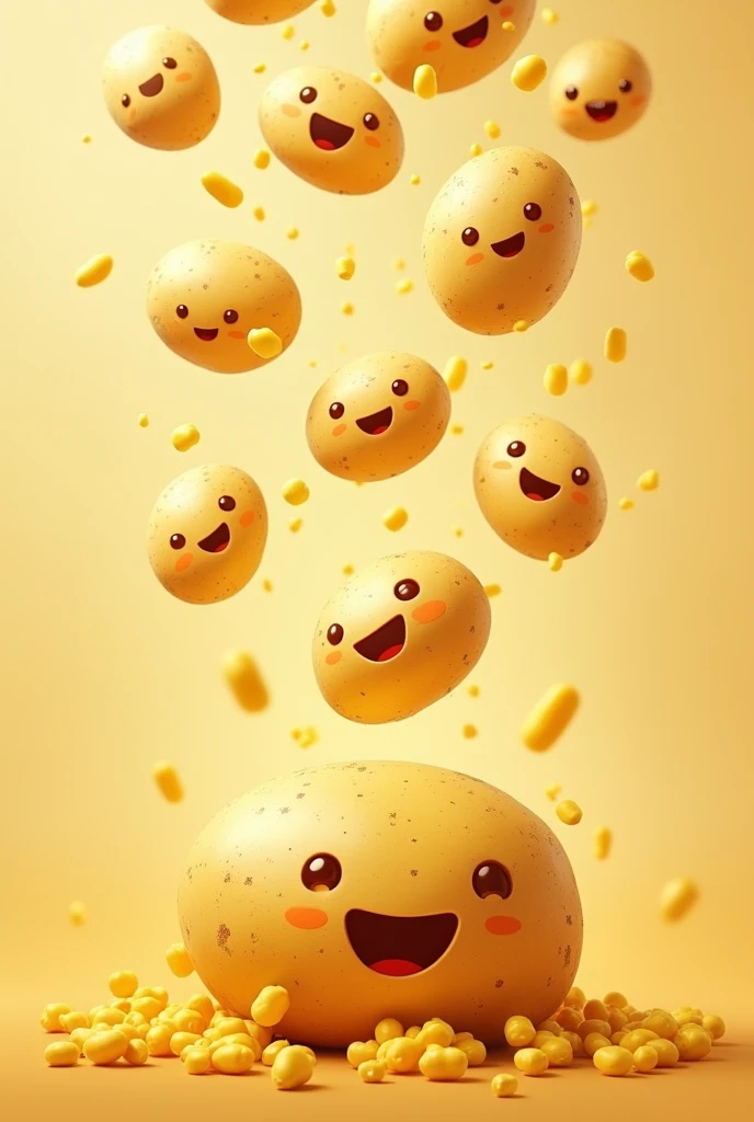 Create an image that looks like a shower of potatoes and corn but with everyone having cute, smiling faces and a beige background. 