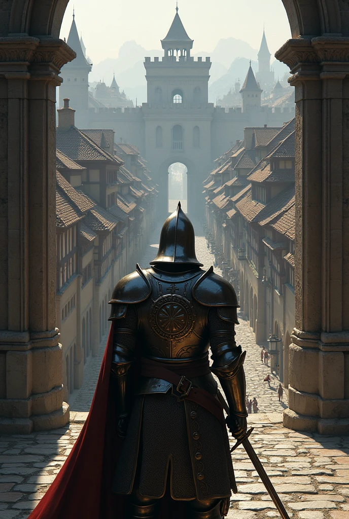 Medieval soldier in ancient city background