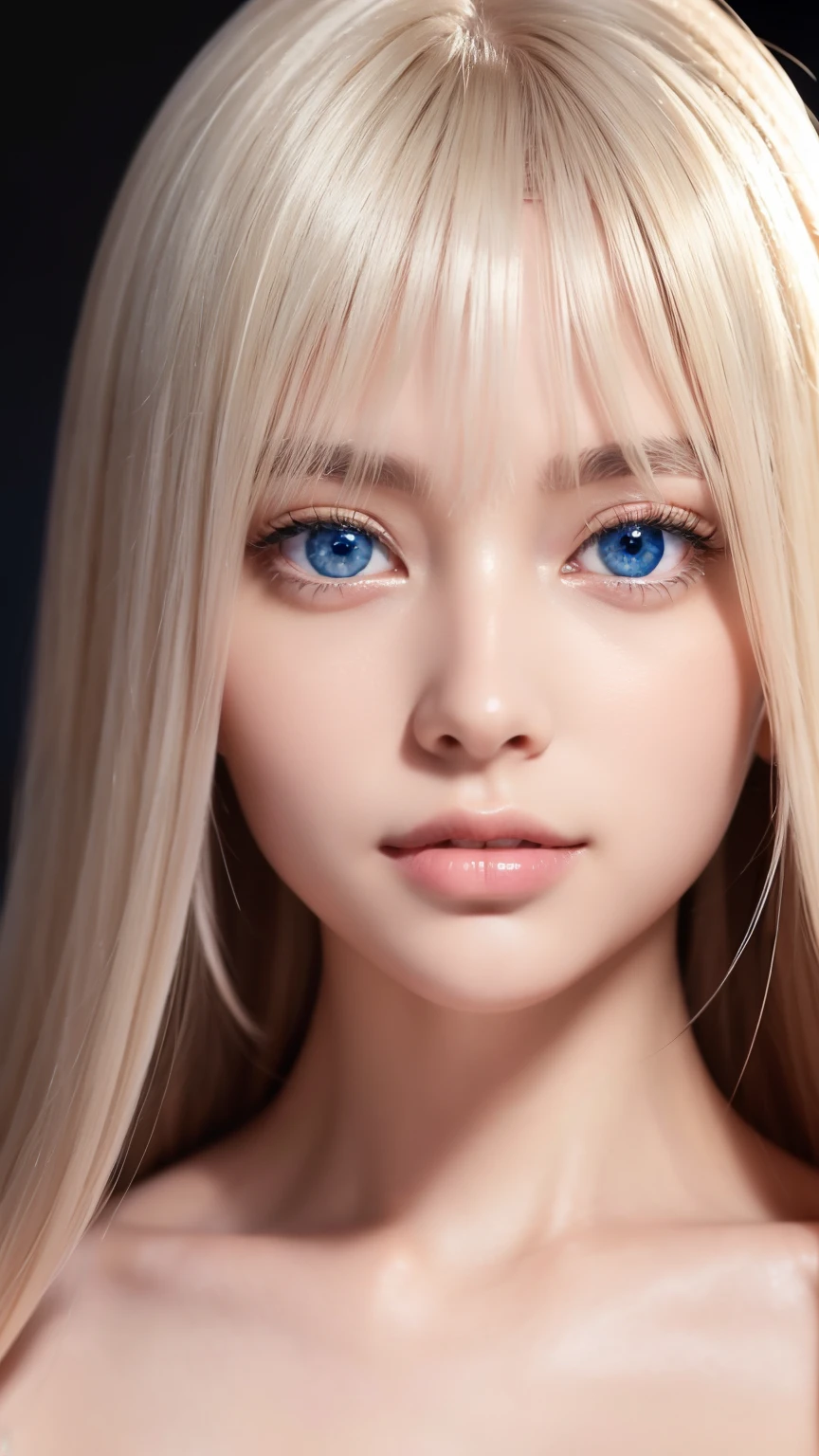 Very beautiful super long straight platinum blonde hair、Beautiful bangs between the eyes、The pieces fly, Highest quality, figure, Extremely detailed, High resolution, 8k wallpaper, Perfect dynamic composition, So beautiful、Large bright light blue eyes with shining detail、Very big eyes, Fitness Wear, Natural color lip,There is cleavage in the chest、Cheek gloss highlighter、White skin、Small Face Beauty、Beautiful girl at 22 years old、Round face