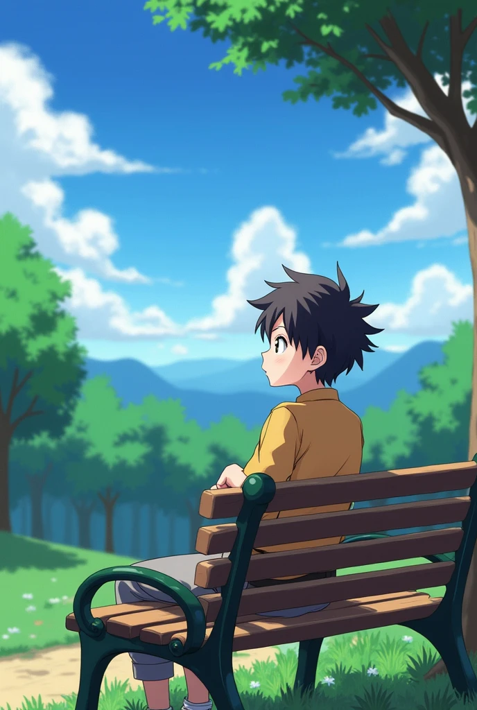 A main character is sitting on a park bench, looking out into the distance with a thoughtful look