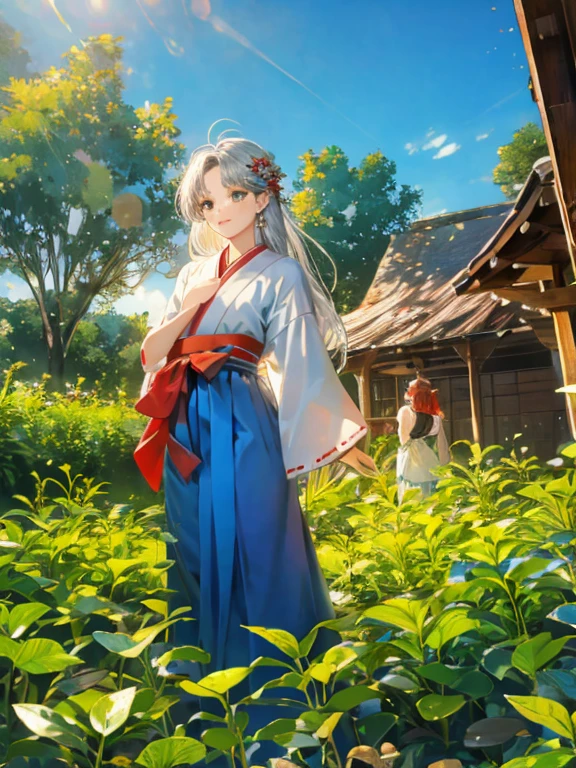 ((Highest quality)), ((masterpiece))、Small breasts are justice、background(Magnificent View)、View from afar、Multiple people、Two women、Two shrine maidens、Dance together、prayer、Uplifting、(Blue and silver long hair、Blue-green eyes)、(Scarlet long hair、Orange eyes)、Miko costume、Hakama、morning haze、shrine、anime
