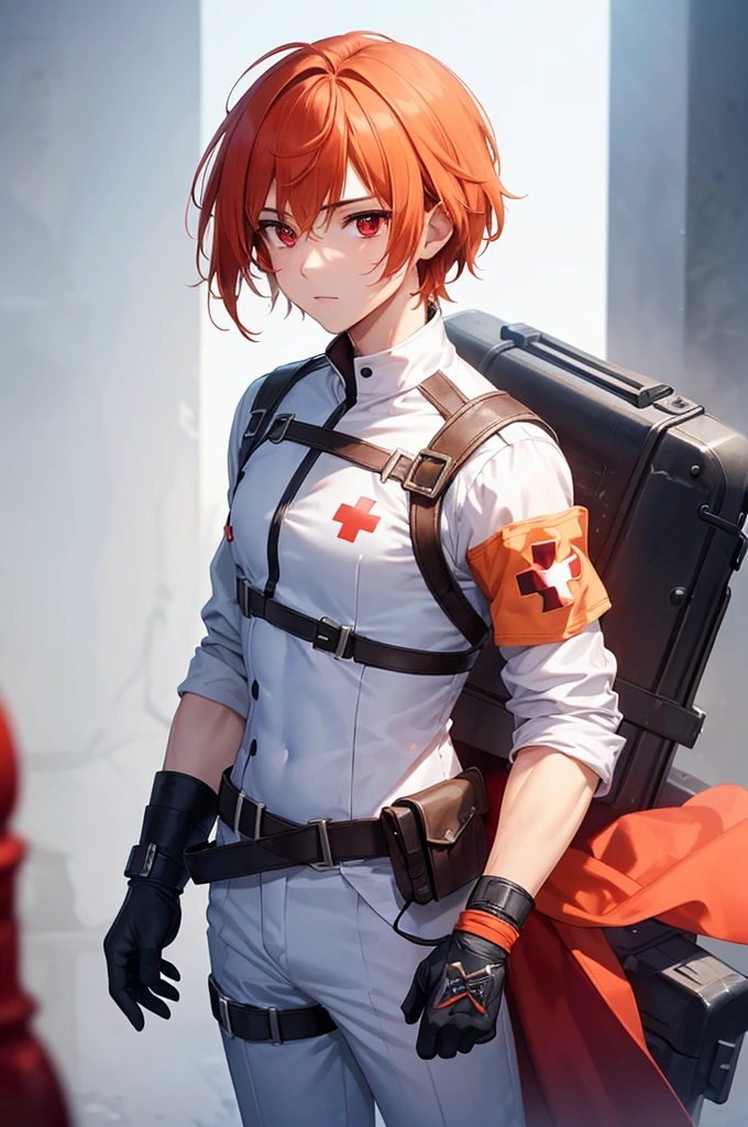 (((masterpiece; best quality: 1.2))), (finely detailed eyes: 1.3), ((1 young man)), ((solo)), (red eyes: 1.4), (body shape; lean, masculine: 1.3), (very short orange hair: 1.3), (beautiful and clear background: 1.2), ((depth of field)), (equipment: fantasy white adventurer medic uniform + armband with red cross: 1.3), (anime illustration: 1.2), (background composition; palace gardens + day: 1.1), (extremely fine and handsome: 1.1), (shot composition; standing + centered on face + bust close-up: 1.5), (facial expression; calm, stoic: 1.2)