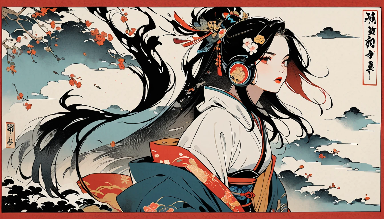 (((Ink Painting))), (((1 girl))), (((whole body))), (((Very flashy hair accessories))), (((Very flashy makeup))), Japanese style headphones, Japanese pattern hoodie, Put on the hood, Put your hands in your pockets, Japan人の美女, Black Hair, Delicate and precise, Modern ukiyo-e style,Japan